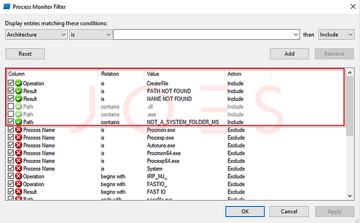 تنظیم فیلتر در Process Monitor برای شناسایی باینریهای WinSxS