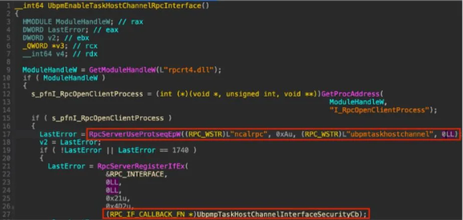 NULL security descriptor used when creating “ubpmtaskhostchannel” RPC endpoint in ubpm. dll::UbpmEnableTaskHostChannelRpcInterface, exposing a less secure endpoint for WPTaskScheduler interface